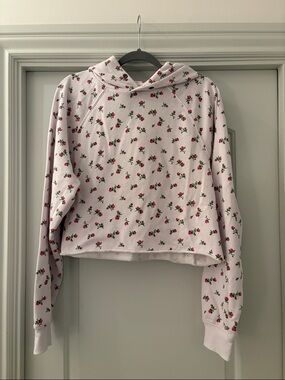 Beach Riot Hoodie with Pink Rose Print & Raw Hem, Size Large